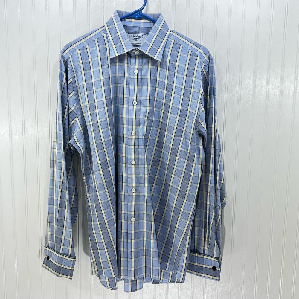 Charles Tyrwhitt Slim Fit Non-Iron Dress Shirt Blue Yellow Check Plaid Size 16